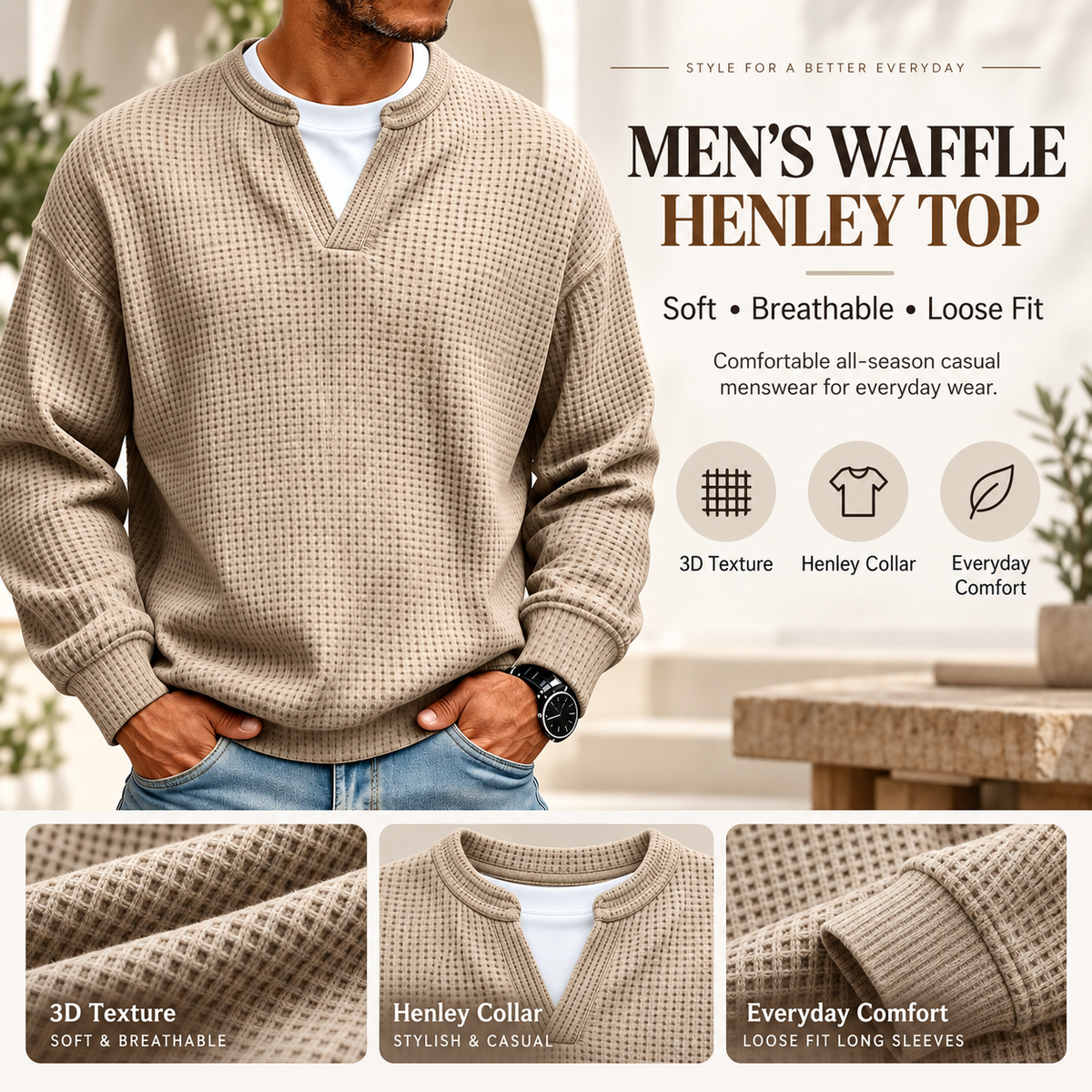Men's Waffle Henley Long Sleeve Top