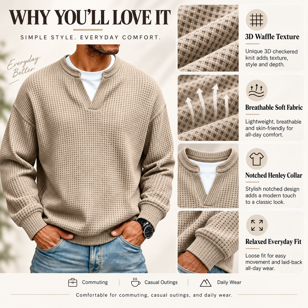 Men's Waffle Henley Shirt Features