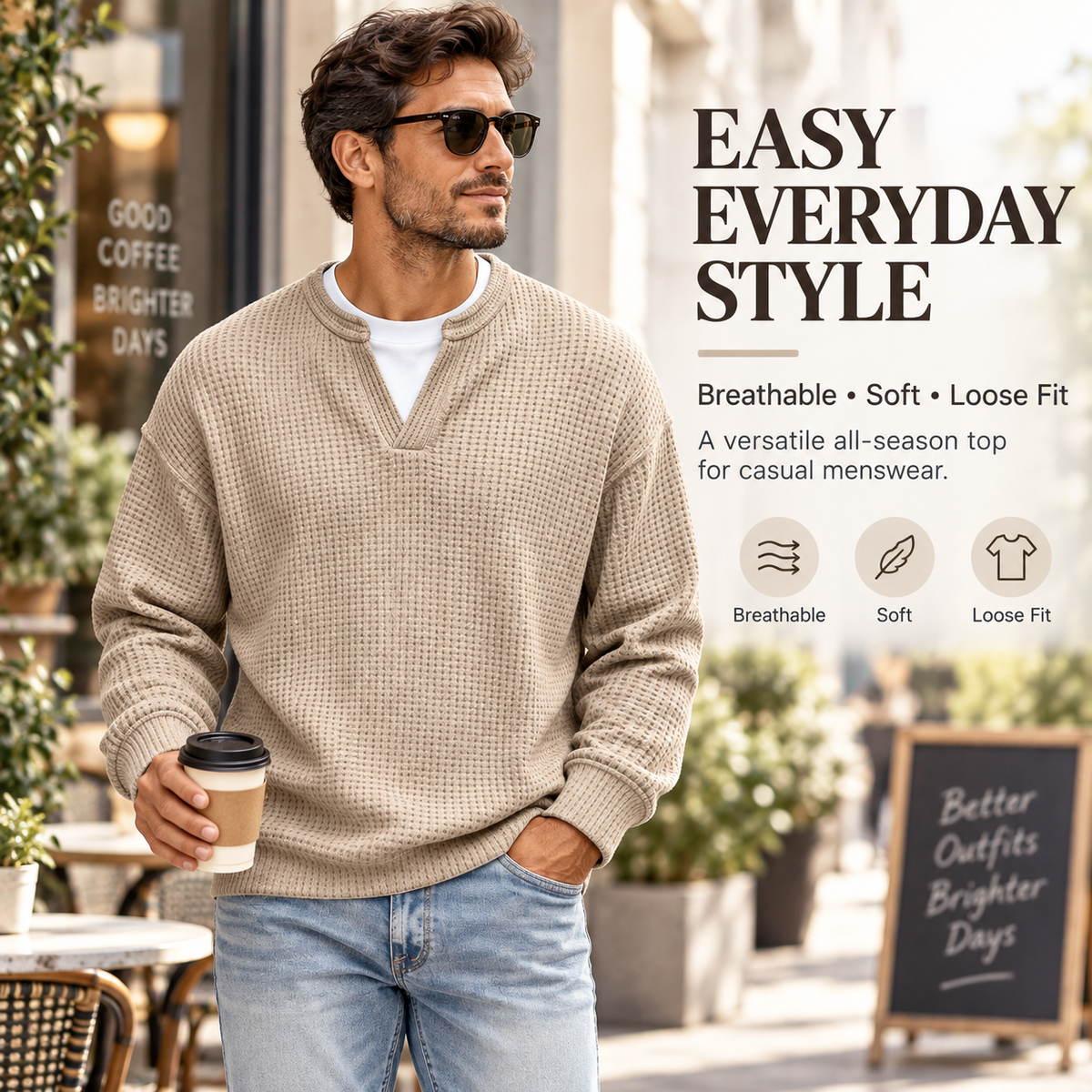 Men's Casual Waffle Henley Everyday Style